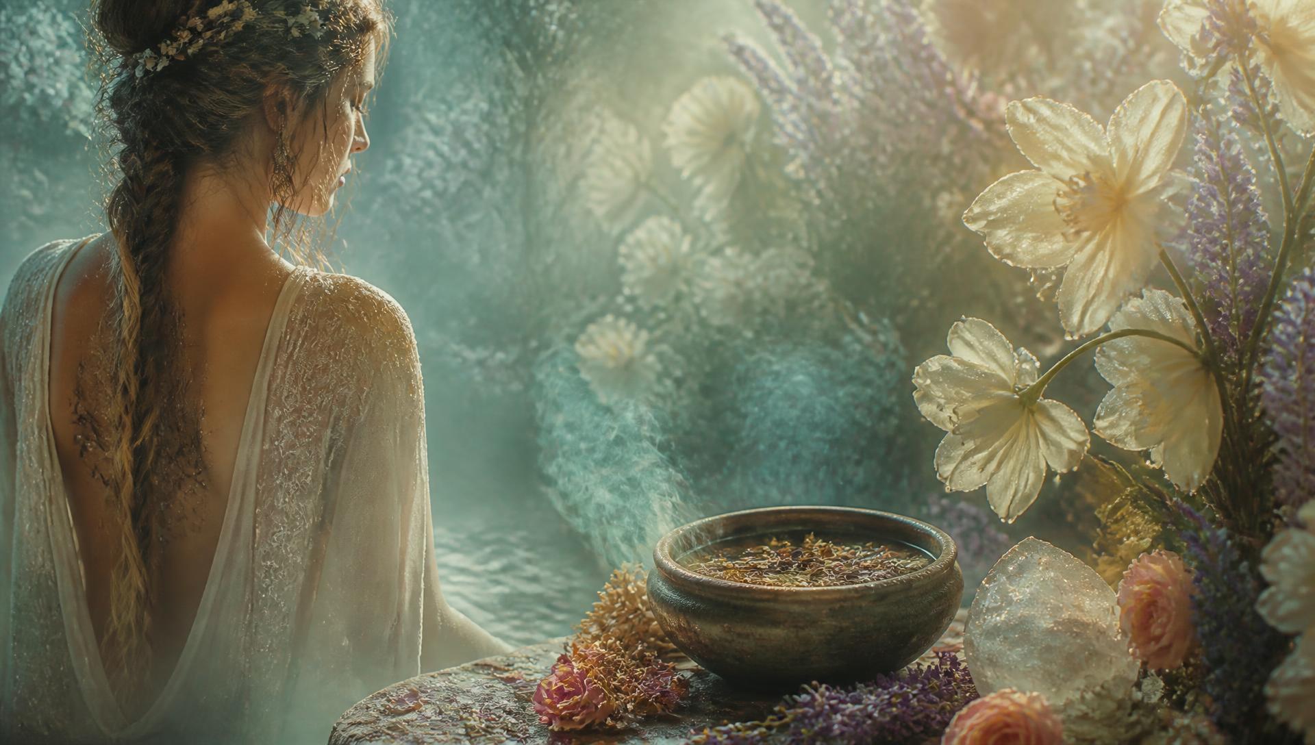 Soft floral steam ritual in lavender and teal light